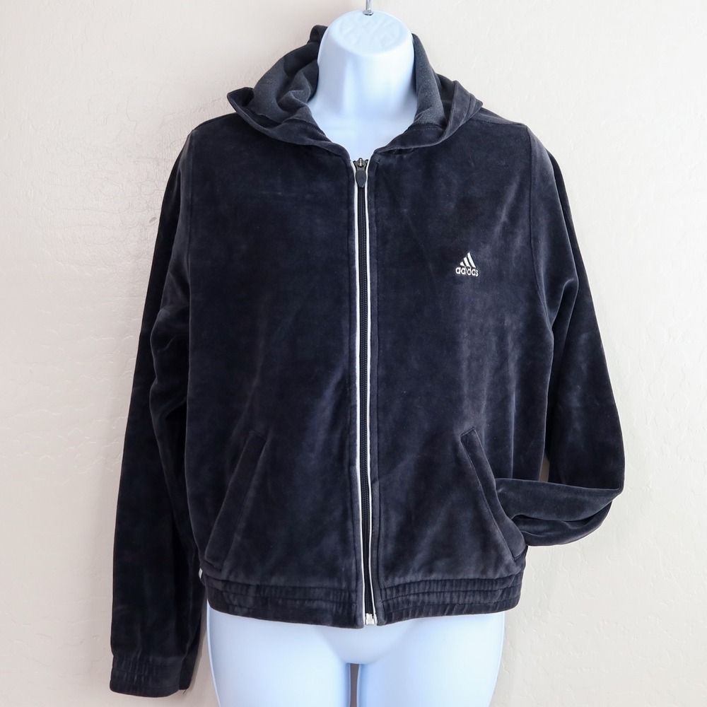 Adidas Women's Velour Hoodie Jacket Black‎ Y2K 2000s Full Zip Three Stripe L